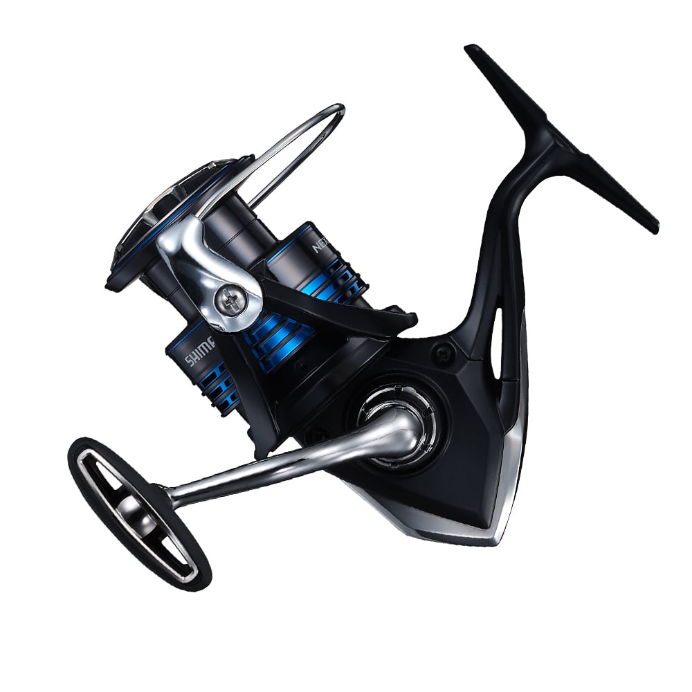 Introducing the Shimano Nexave FI Spinning Reel | NEXC3000HGFI from americanlegacyfishing, a contemporary spinning reel with an eye-catching black and blue design. It features a durable handle, elegant frame, and incorporates the state-of-the-art Propulsion Line Management System, all highlighted against a crisp white backdrop.