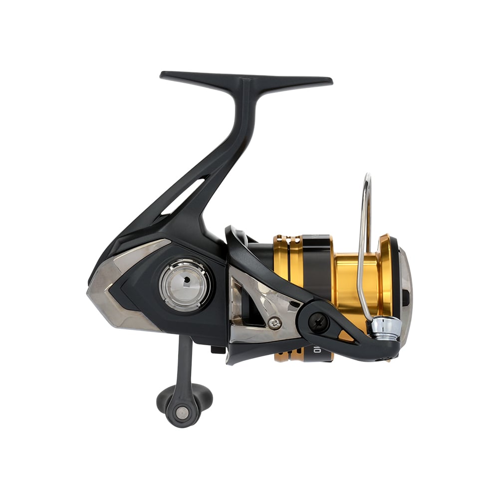 The Shimano Sahara FJ Spinning Reel 2500FJ | SH2500FJ from americanlegacyfishing is a premium spinning fishing reel that highlights an elegant black and gold appearance. It includes a robust handle, a smooth HAGANE Gear system, and a bail arm, all designed to ensure efficient casting and reeling.