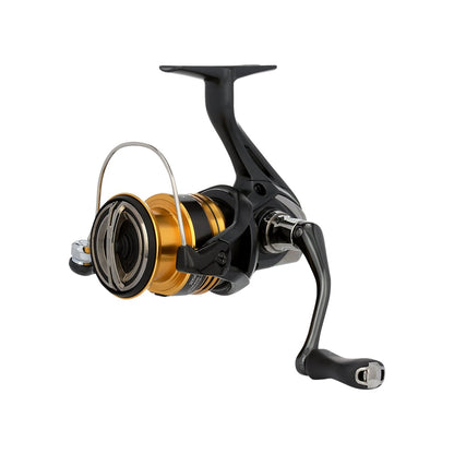 A close-up of the Shimano Sahara FJ Spinning Reel 2500FJ, model SH2500FJ, from americanlegacyfishing, highlights its metallic gold and black design. The handle and spool are prominently displayed, showcasing its sleek spinning reel construction and modern appearance with advanced HAGANE Gear technology against a plain white background.