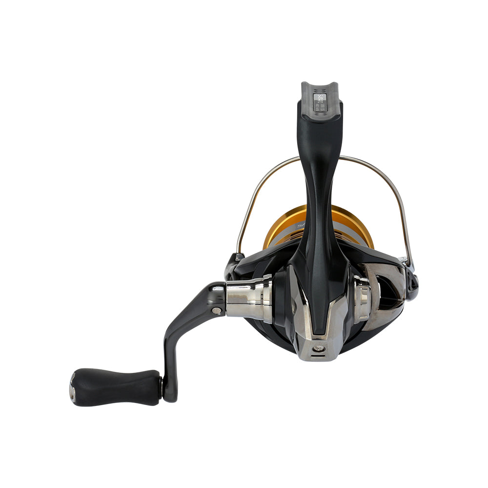 Introducing the Shimano Sahara FJ Spinning Reel 2500FJ | SH2500FJ from American Legacy Fishing. This reel in black and silver features a distinctive yellow spool and a curved handle on one side. It is presented facing the viewer directly, highlighting its sleek, compact design and showcasing its durable HAGANE Gear for smooth and reliable performance.