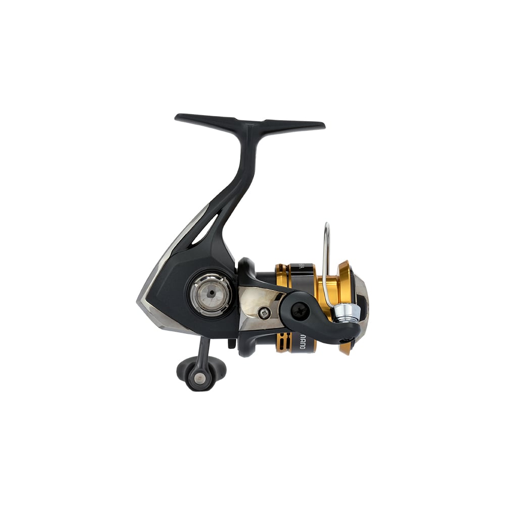 The Shimano Sahara FJ Spinning Reel 500FJ from americanlegacyfishing is showcased against a white background, featuring a sleek black and gold design with HAGANE Gear technology, as well as a clearly visible handle and spool.