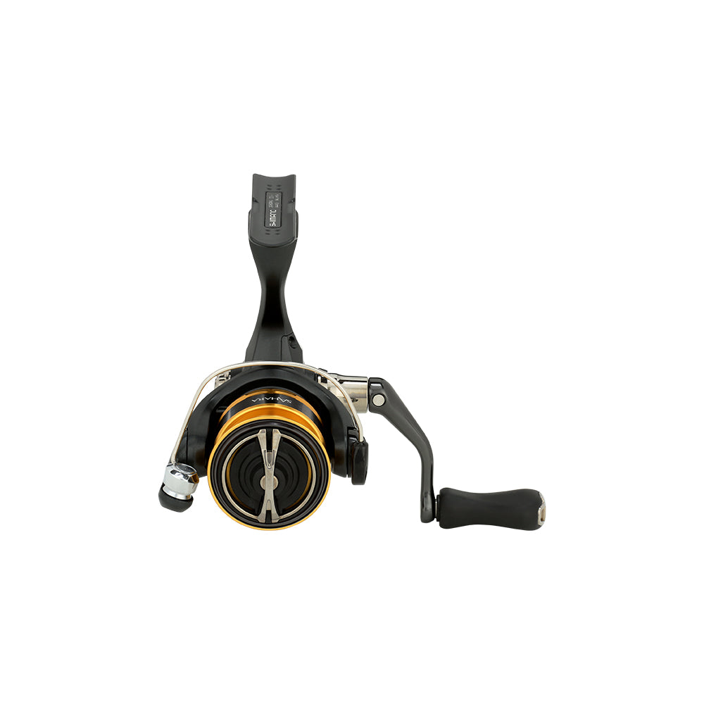 The Shimano Sahara FJ Spinning Reel 500FJ features a black and gold design with a comfortable handle. Highlighted on white, this reel from americanlegacyfishing includes HAGANE Gear technology with metallic components and intricate mechanics.