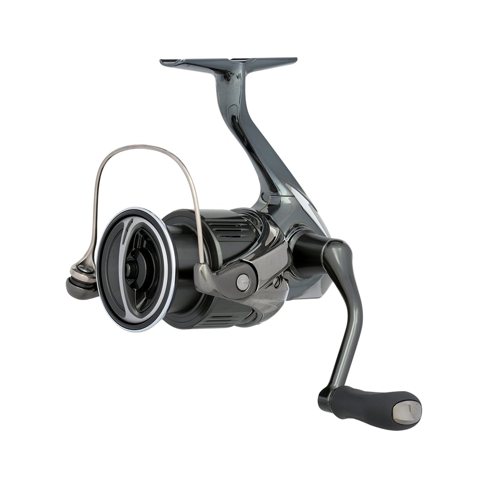 The Shimano Stella 1000FK spinning reel by americanlegacyfishing features a sleek black and silver design, large spool, smooth handle, and advanced MicroModule II technology with an open bail arm for modern appeal.