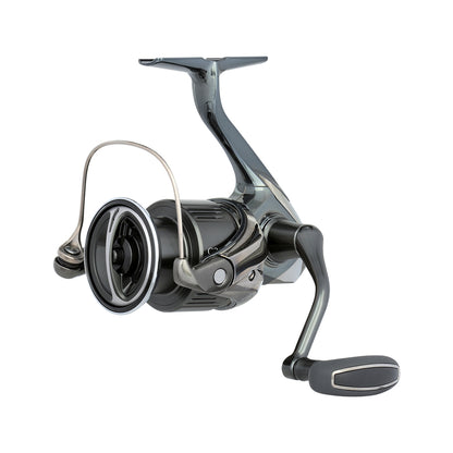 The Shimano Stella FK Spinning Reel 4000XGFK from americanlegacyfishing boasts a sleek silver and black design with InfinityDrive technology, a smooth handle, and spool for optimal line management. Its shiny metallic finish and robust construction make it perfect for fishing enthusiasts.