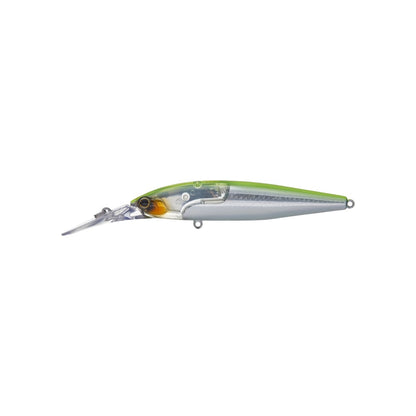 The Shimano World Diver Flash Boost Suspending Jerkbait by Shimano boasts a green top, silver body, and a clear, elongated bill. It incorporates FLASH BOOST technology and features a realistic fish-like design with eyes and a streamlined shape, making it perfect for attracting fish.