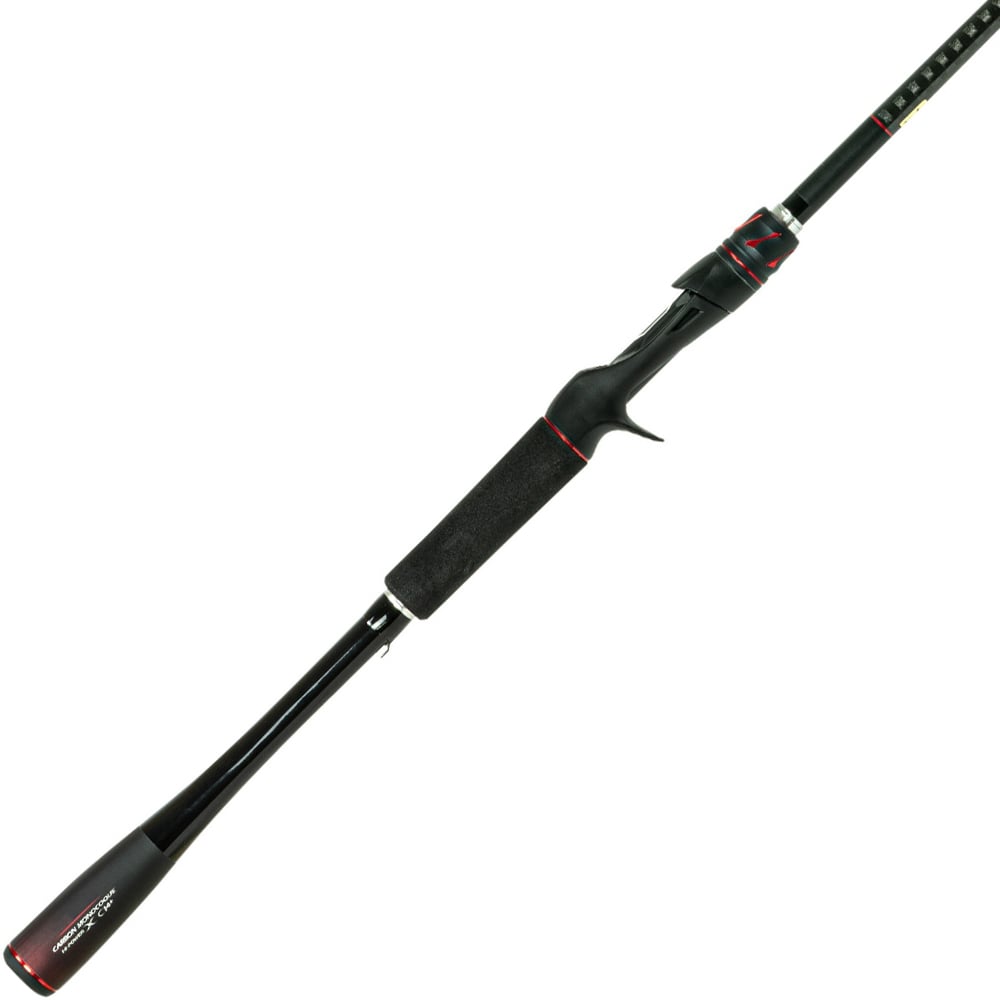 The Shimano Zodias 6'10" Medium Heavy Casting Rod (ZDC610MHA) from americanlegacyfishing features a stylish black and red design with an ergonomic grip. Its Carbon Monocoque construction and trigger-style handle make it ideal for baitcasting, while the Hi-Power X technology enhances durability. Additionally, guide rings are strategically positioned to ensure efficient line management.