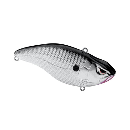 The SPRO Aruku Shad Silent is a fish-shaped lure with a silver and black design, textured scales, and prominent eyes. It features Gamakatsu treble hooks on top and bottom, making this lipless crankbait expertly crafted for fishing.