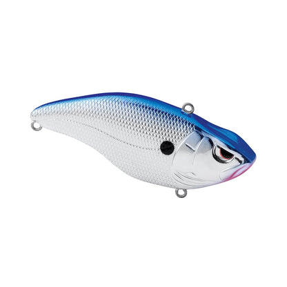 The SPRO Aruku Shad Silent is a silver and blue fish-shaped fishing lure with a textured body, realistic scales, and an eye. It features two attachment loops for easy use with Gamakatsu treble hooks.