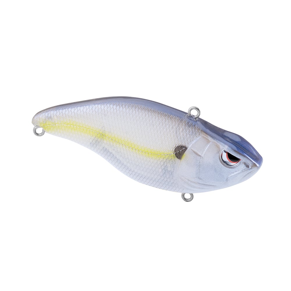 The SPRO Aruku Shad Silent is a lifelike fish-shaped lure resembling a sleek, lipless crankbait, with a silver body, yellow stripe, and blue head. It features Gamakatsu treble hooks, a large eye, and three metal loops for easy attachment against its plain white backdrop.