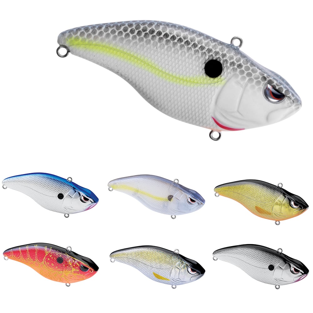 The SPRO Aruku Shad Silent lures feature six fish-like designs with realistic eyes and scales, arranged in two rows. They come in silver, yellow, black, blue, and red accents with sharp Gamakatsu treble hooks, including a lipless crankbait option.