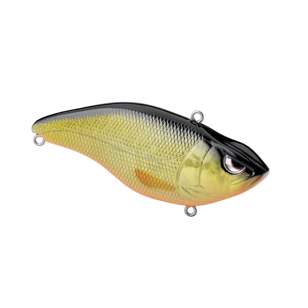 The SPRO Aruku Shad Silent lipless crankbait mimics a small fish with its black back, yellow-green body, scale details, and orange accents. It has three loop attachments for Gamakatsu treble hooks, making it ideal for your next fishing trip.