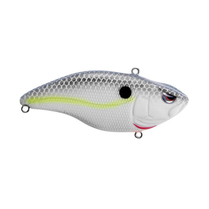 The SPRO Aruku Shad Silent is a detailed fish-shaped lipless crankbait. It has a silver textured body with a distinctive yellow stripe and black dot near the head, equipped with small Gamakatsu treble hooks for fishing.