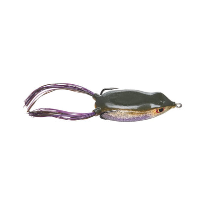 The SPRO Bronzeye Frog, co-designed with Dean Rojas, boasts a realistic dark green top and light underside frog design. It has purple and black tassels imitating legs and a red eye for attraction, all paired with a sharp Gamakatsu hook.