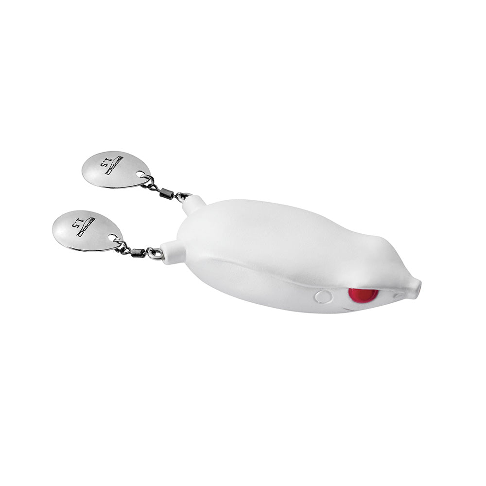 White whale-shaped keychain featuring small red eyes and metal flippers, with each piece attached to a silver disc engraved with a Spro Bronzeye Blade Frog 65 on a scooter by SPRO.