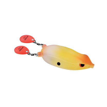 The SPRO Bronzeye Blade Frog 65 is a yellow and orange elongated fishing lure featuring two red metal spinner blades at the rear, an EWG Double Hook for better catch potential, a small hole at one end, and black side markings.