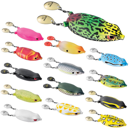 Image showcasing various colorful SPRO Bronzeye Blade Frog 65 lures, each with a metallic spinner and an EWG Double Hook, arranged in rows displaying diverse patterns and colors, including green, pink, yellow, black, and blue designs.