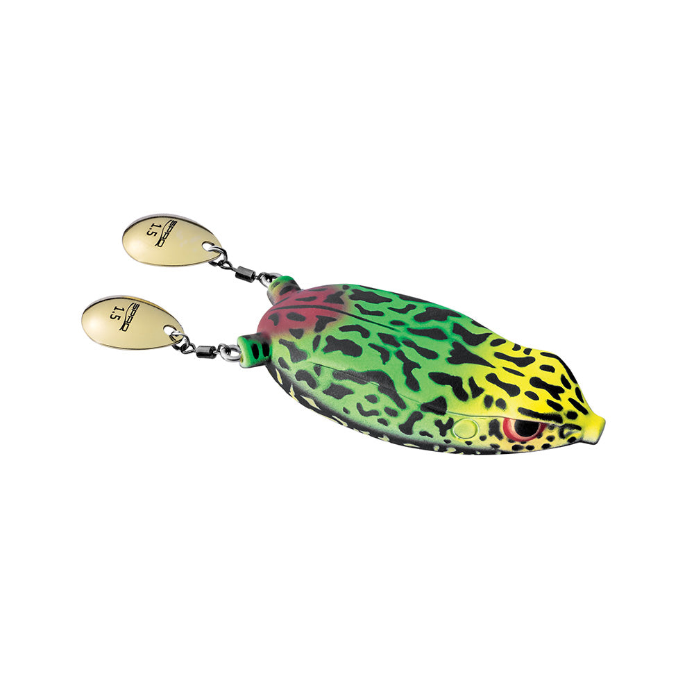 The SPRO Bronzeye Blade Frog 65, designed like a lizard in vibrant green, yellow, and red, has two "S.T." inscribed silver spinner blades and features an EWG Double Hook for enhanced catch efficiency.