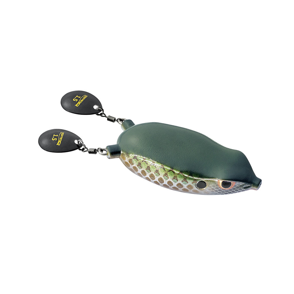 The SPRO Bronzeye Blade Frog 65 is a fish-shaped fishing lure with a green top, speckled sides, and realistic eye design. It features two black swivel blades on the back marked with "1/3" in yellow.