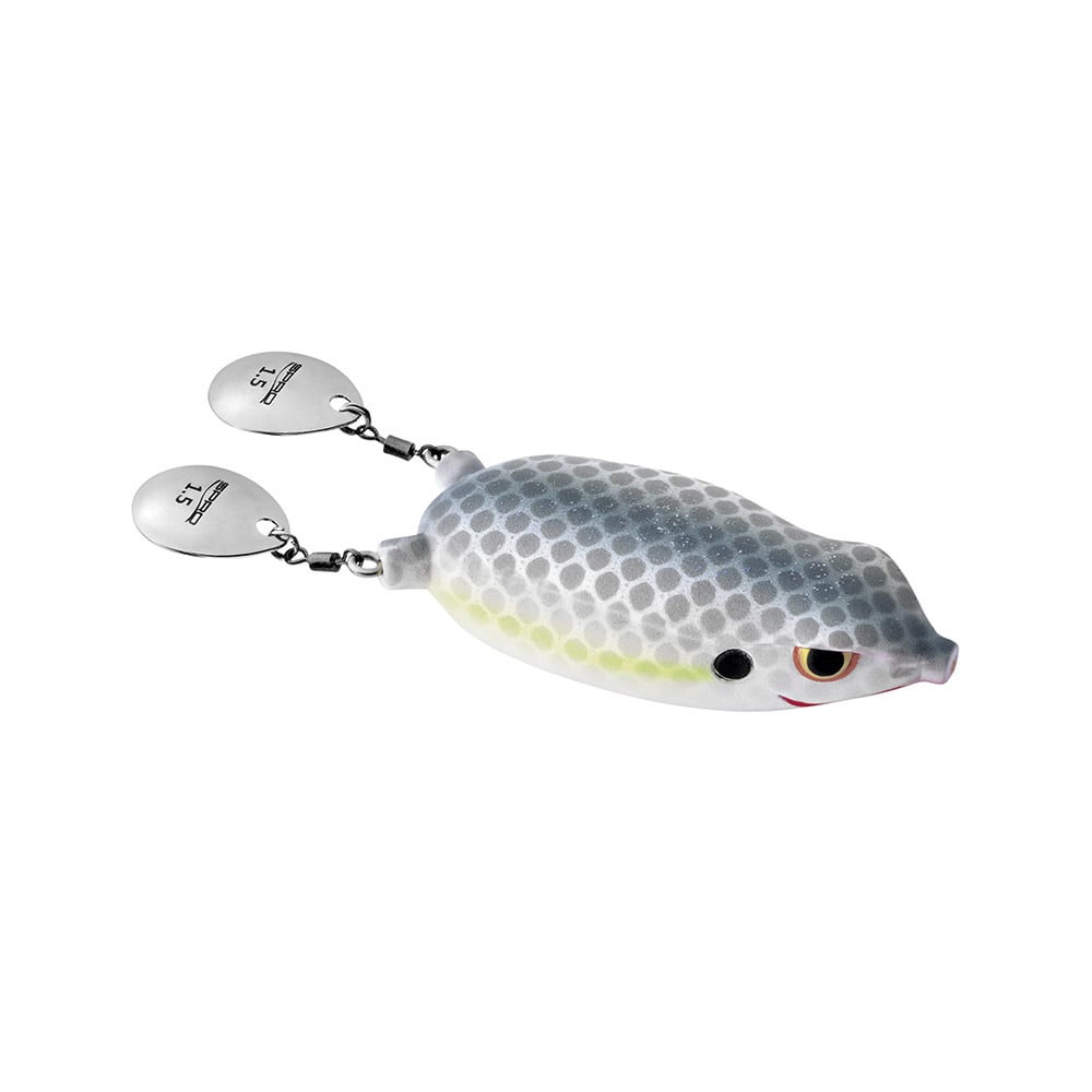 The SPRO Bronzeye Blade Frog 65 resembles a fish with a hexagonal pattern, shimmering gray body, and yellow stripe. It has two front metal spinner blades engraved with "S.L." and features an EWG Double Hook for better catch efficiency.