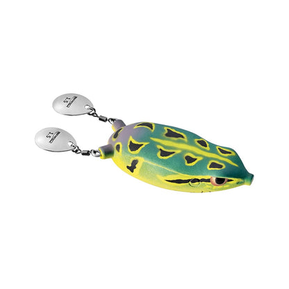 Introducing the SPRO Bronzeye Blade Frog 65, a yellow and green frog-shaped lure with black spots and two silver spinner blades. Equipped with an EWG Double Hook, its realistic eyes and limbs effectively mimic a real frog to attract fish.