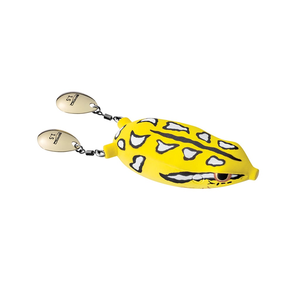 The SPRO Bronzeye Blade Frog 65 is a yellow lure with black and white spots, shaped like a frog. It has two front metal spinner blades engraved with "S.T." and an EWG Double Hook to boost catch potential.