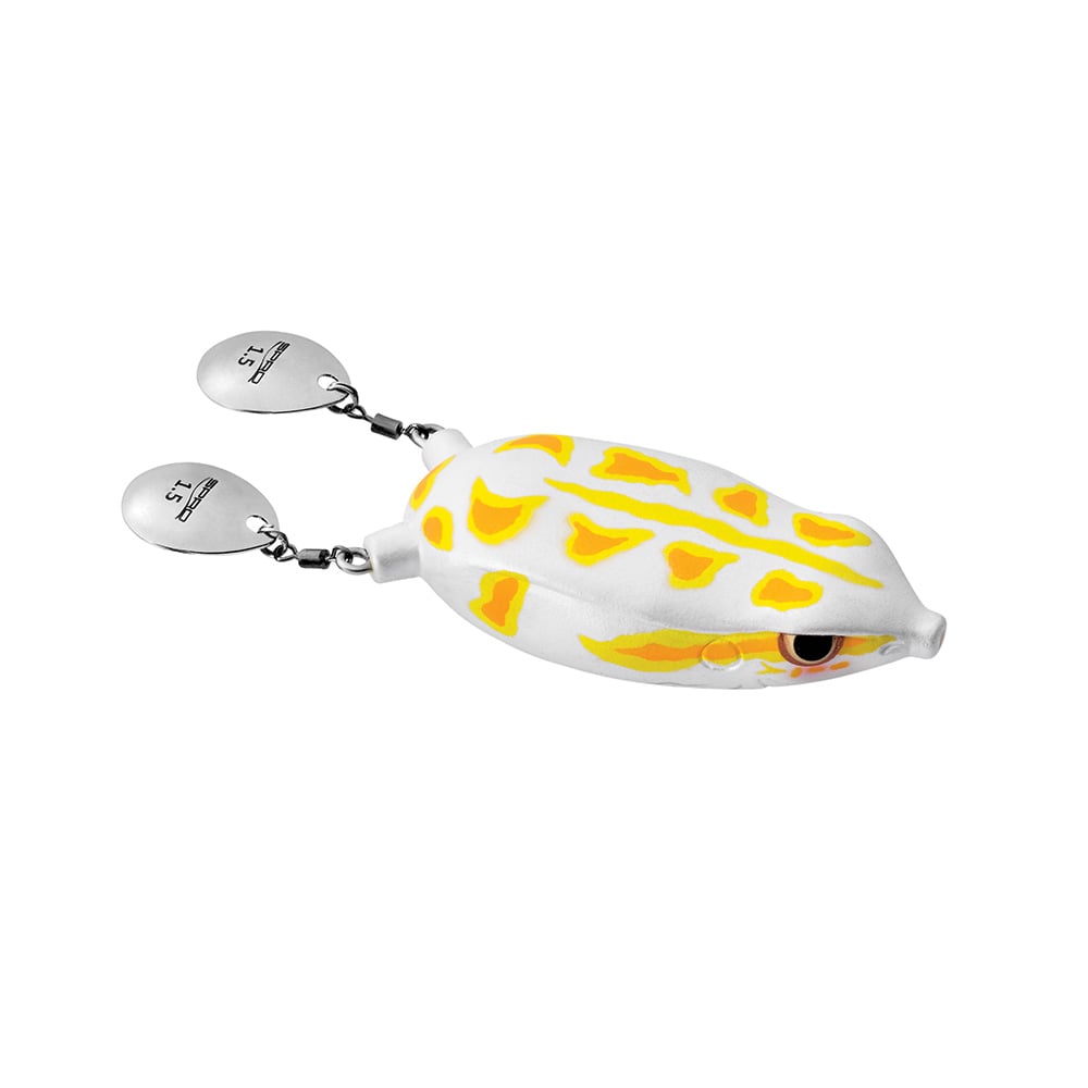 The SPRO Bronzeye Blade Frog 65 is a white lure with yellow and orange patterns, designed like a frog, featuring two silver propeller blades at the back and an EWG Double Hook for optimal performance.