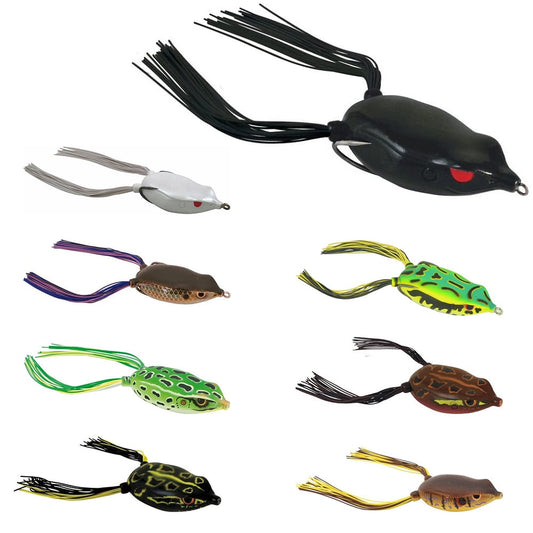 Explore our eight SPRO Bronzeye Frog fishing lures, endorsed by Dean Rojas. Equipped with Gamakatsu Hooks, they come in black, white, green, and brown. With detailed textures and fringed tails to mimic real frogs, these lures are a must-have for any angler.