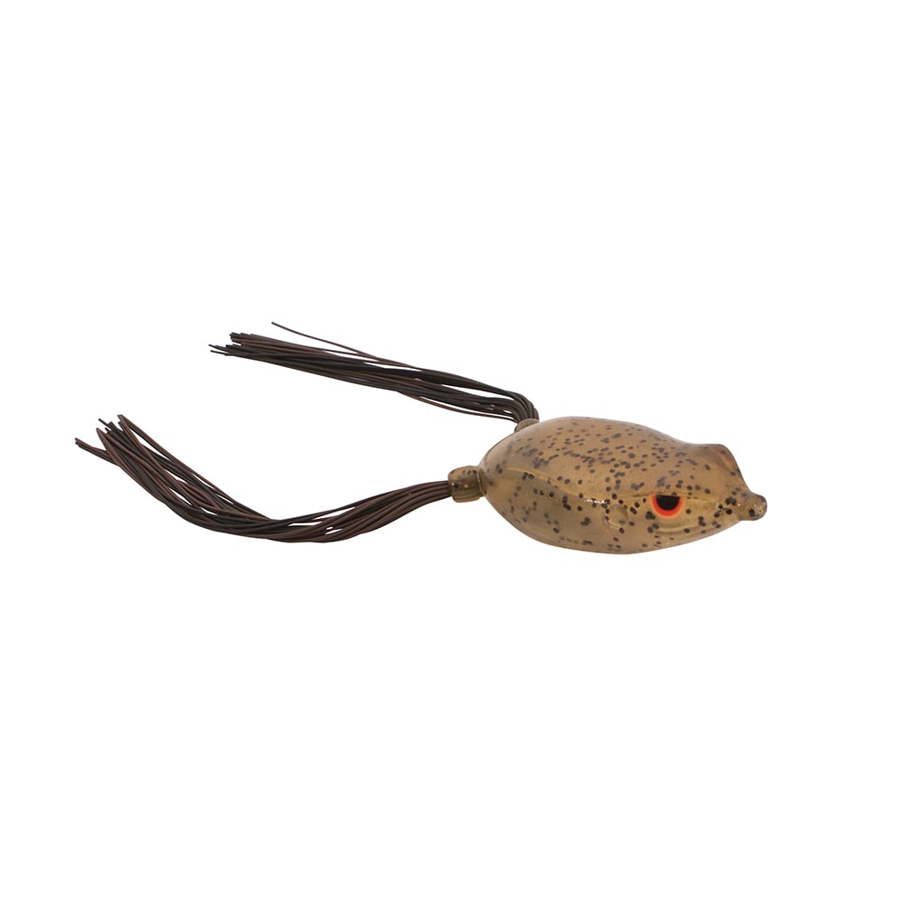 The SPRO Bronzeye Frog, designed by Dean Rojas, is a realistic lure with a speckled tan body and bright red eyes. It features long dark brown tassels like frog legs and is equipped with a Gamakatsu Hook to attract gamefish.