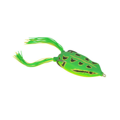 The SPRO Spro Bronzeye Frog lure, inspired by Dean Rojas and equipped with a sharp Gamakatsu Hook, boasts a green and yellow frog design with black spots and long, thin green appendages that mimic frog legs to effectively attract fish.