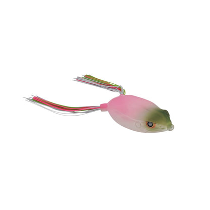 Discover the SPRO Bronzeye Frog: a pink and green frog-shaped fishing lure with a lifelike eye and multicolored skirt tassels. Co-designed with Dean Rojas, it features a sharp Gamakatsu Hook for top-notch performance.