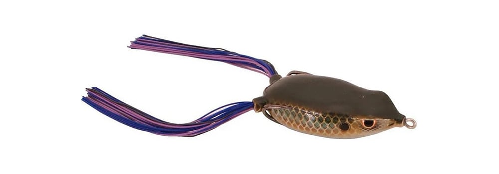 The SPRO Bronzeye Frog is a realistic frog-shaped lure with a brown body and scaled sides. Designed by Dean Rojas, it has purple and blue tassel-like appendages that resemble legs or a tail and features a sharp Gamakatsu Hook for effective catching.