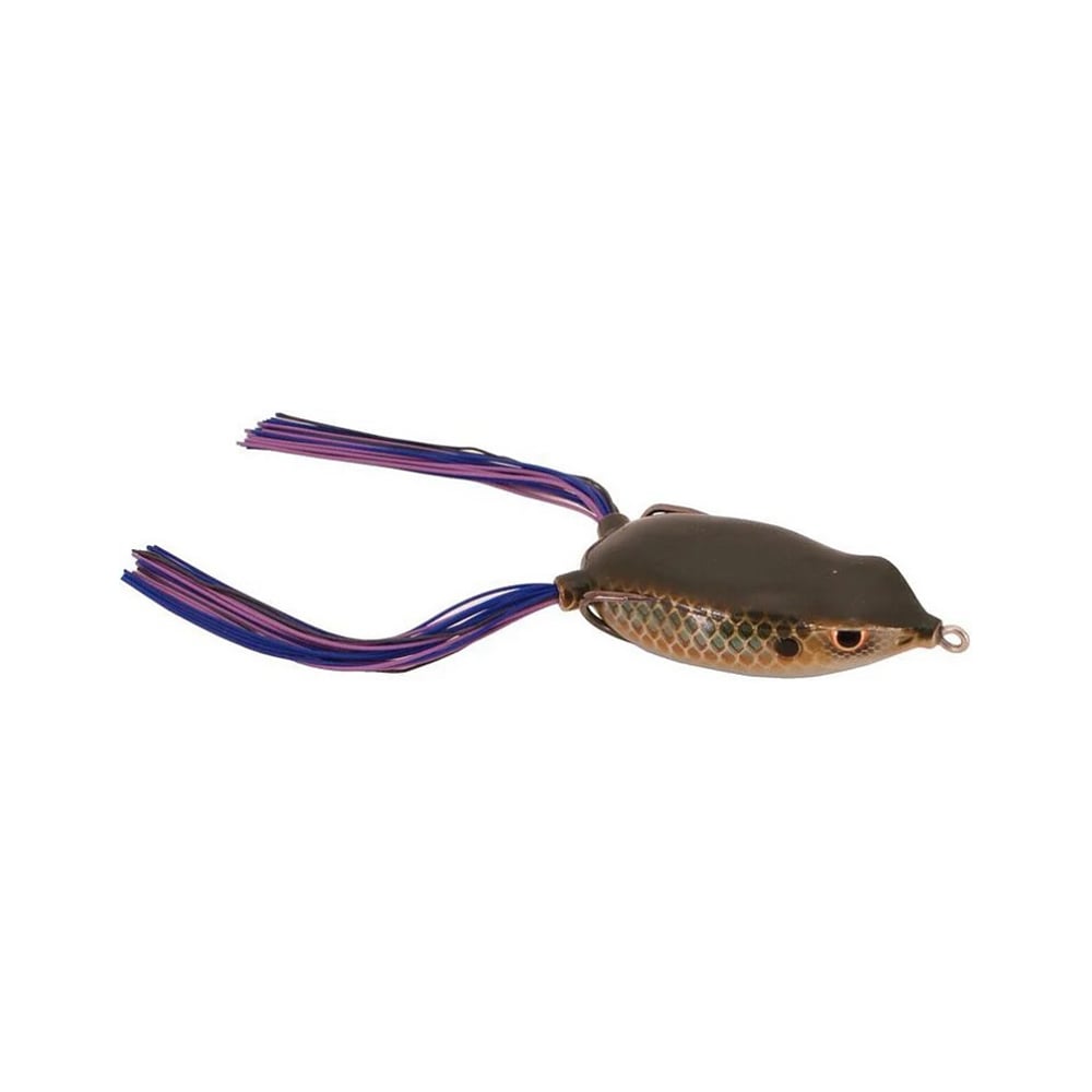 The SPRO Bronzeye Frog, designed by Dean Rojas, is a realistic frog-shaped fishing lure with a dark back and scale-like belly. Equipped with premium Gamakatsu hooks, it includes two long, colorful strands mimicking frog legs for an enticing presentation.