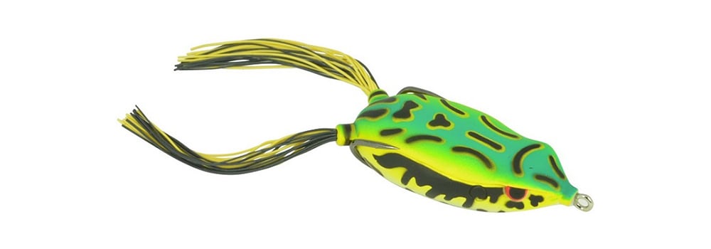 The SPRO Bronzeye Frog, inspired by Dean Rojas, is a vibrant fishing lure with a green-yellow body and bold black markings. It features long yellow and black tail strands and includes a razor-sharp Gamakatsu Hook for enhanced performance.