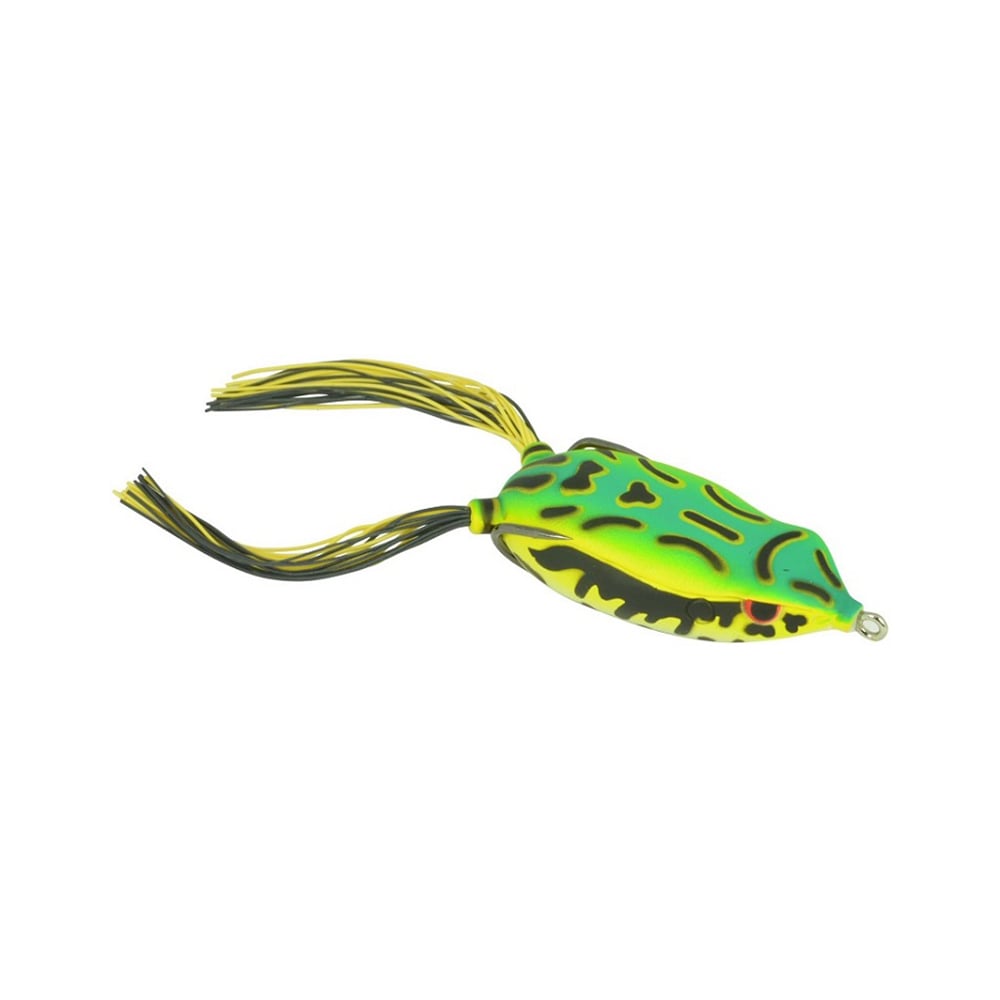 The SPRO Bronzeye Frog, designed by Dean Rojas, is a green-yellow frog-shaped lure with black spots and rubber legs, featuring a sharp Gamakatsu Hook for lifelike fish attraction.