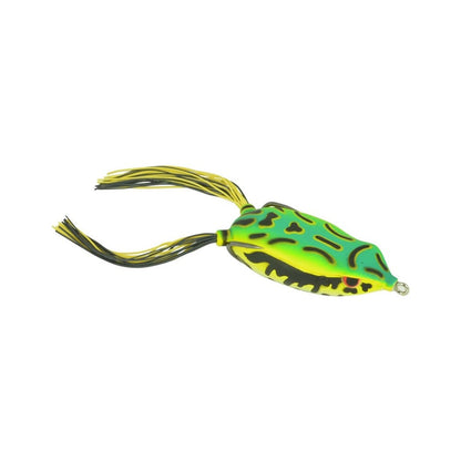 The SPRO Bronzeye Frog, designed by Dean Rojas, is a green-yellow frog-shaped lure with black spots and rubber legs, featuring a sharp Gamakatsu Hook for lifelike fish attraction.