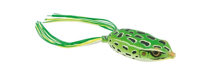 The SPRO Bronzeye Frog, designed by Dean Rojas, is a green frog-shaped fishing lure with black spots and yellow accents. It has multiple green and yellow strands from the back and features a sharp Gamakatsu Hook.