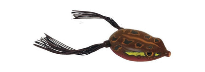 Discover the Spro Bronzeye Frog by SPRO: a frog-shaped lure with a brown, patterned body and tassel-like strands at each end, featuring a razor-sharp Gamakatsu Hook for top-notch performance in all your fishing endeavors.