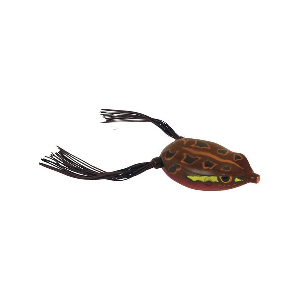 The Spro Bronzeye Frog by SPRO is a brown and green frog-shaped fishing lure with intricate patterns and black tassel-like appendages. Featuring a precision Gamakatsu Hook, it mimics a frog's appearance and movement to attract fish.