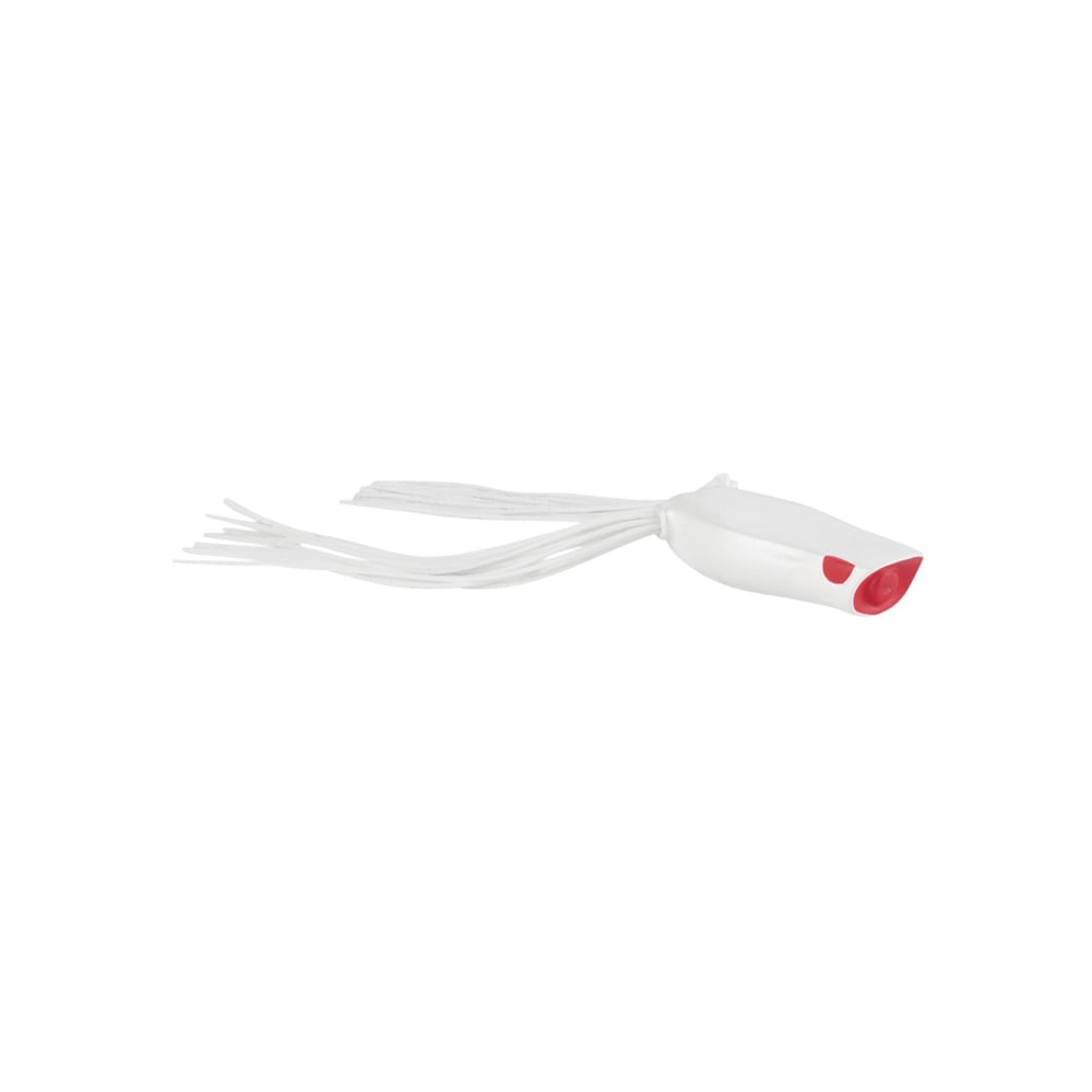 A Spro Bronzeye Pop 40 fishing lure by SPRO features a white body with a red mouth and long, trailing white strands. This design effectively mimics a small fish, making it ideal for attracting catches with its realistic appeal.