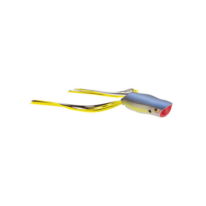 The Spro Bronzeye Pop 40 by SPRO is a highly realistic fishing lure crafted to mimic the appearance of a frog. It features a blue and gray body, red mouth, and long yellow and black rubbery legs. Outfitted with sharp Gamakatsu hooks, this lure is ideal for replicating frog movements on the water to attract fish.