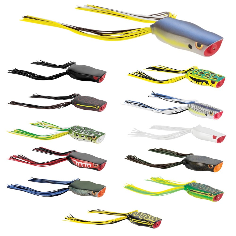 This image displays a collection of twelve colorful fishing lures, reminiscent of the Spro Bronzeye Pop 40 series by SPRO, crafted in frog-like shapes with vibrant skirts and unique patterns. Equipped with Gamakatsu hooks, these lures are available in eye-catching combinations of blue, black, yellow, green, red, and white with realistic designs.