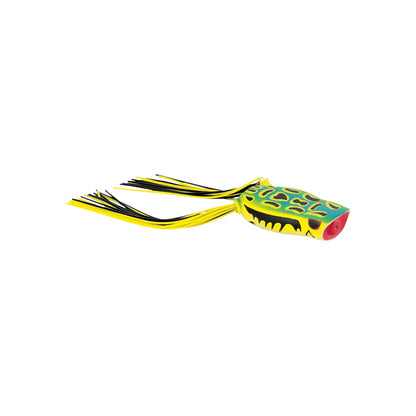 The SPRO Bronzeye Pop 40 is a vibrant fishing lure designed to resemble a frog, featuring eye-catching green and yellow patterns. It includes a distinctive red mouth and several yellow and black tassels that simulate movement. Outfitted with sharp Gamakatsu hooks, it's ideal for attracting fish in diverse water conditions.