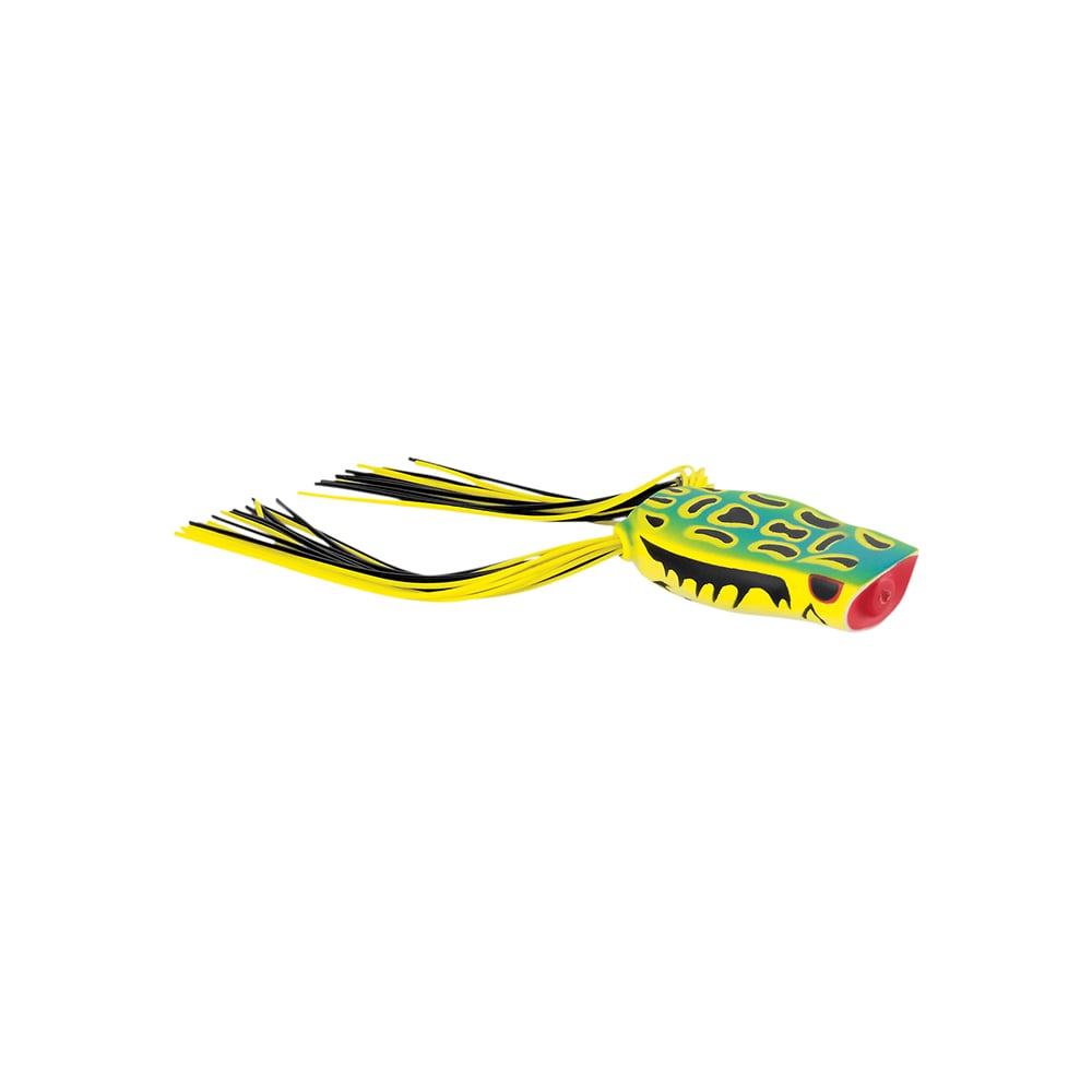 The SPRO Bronzeye Pop 50 is a vibrant, frog-like fishing lure with green and yellow patterns, a red mouth, and black and yellow trailing strands. It's perfect for bass fishing with its Gamakatsu Double Hook, all presented on a plain white background.