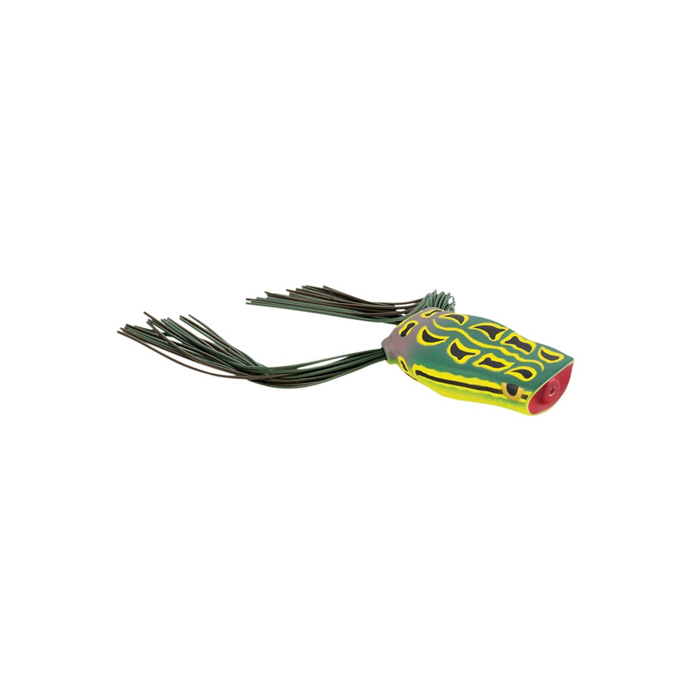 The Spro Bronzeye Pop 40 fishing lure by SPRO is crafted to mimic a lively frog, showcasing a green and yellow body accented with black markings, twin flexible green tails, and equipped with Gamakatsu hooks for enhanced performance.