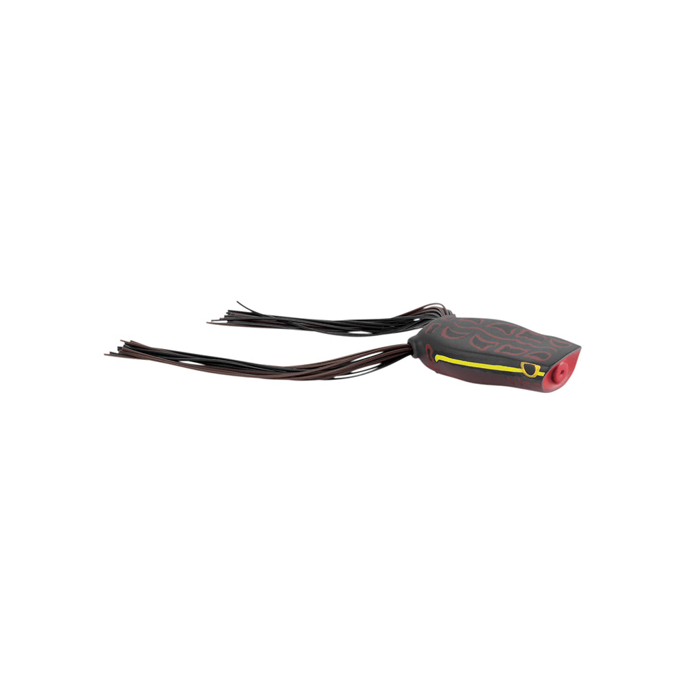 The SPRO Bronzeye Pop 50 is a frog-shaped bass fishing lure with a black body, red underside, long black tassels, and painted yellow/gray details. Equipped with a sharp Gamakatsu Double Hook, it's perfect for attracting wary fish.