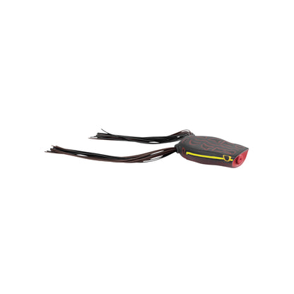 The SPRO Bronzeye Pop 50 is a frog-shaped bass fishing lure with a black body, red underside, long black tassels, and painted yellow/gray details. Equipped with a sharp Gamakatsu Double Hook, it's perfect for attracting wary fish.