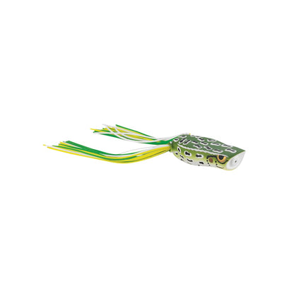 The SPRO Bronzeye Pop 40 is a green and white frog-shaped fishing lure featuring a hollow body and rubber strands that mimic legs extending from the back. It is equipped with sharp Gamakatsu hooks and designed with dark spots for a realistic amphibian appearance.