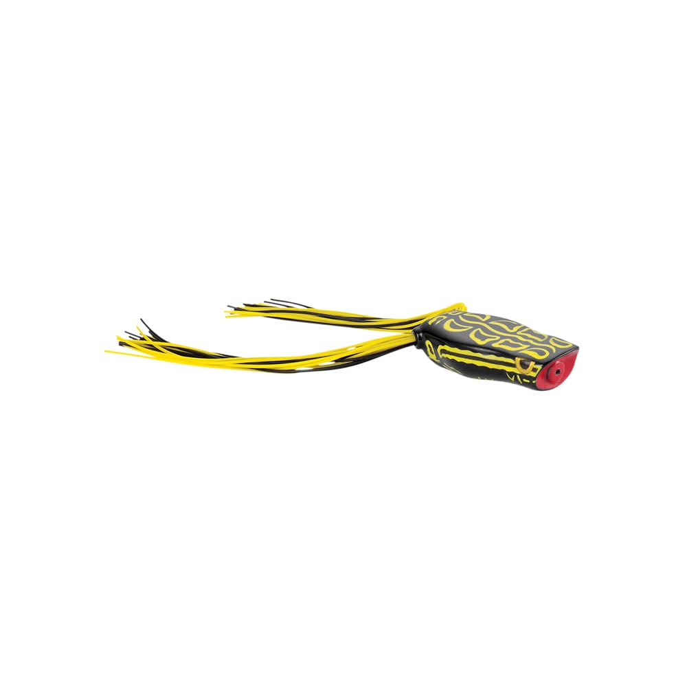 The Spro Bronzeye Pop 40 by SPRO is a lifelike frog-shaped fishing lure with details in black, yellow, and red. It has an intricately patterned body with several yellow and black strings extending from the back, enhanced by sharp Gamakatsu hooks for outstanding performance.