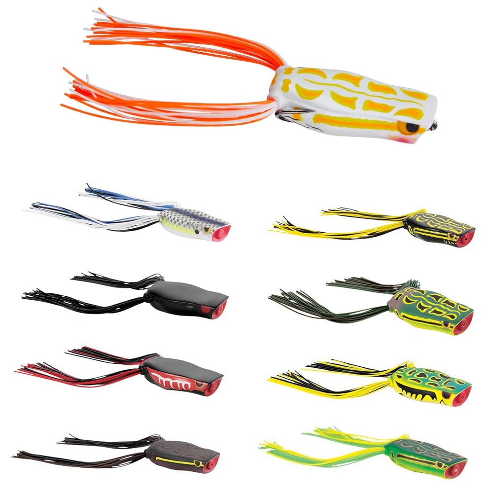 The image showcases nine SPRO Bronzeye Pop 50 frog-shaped fishing lures in colors like white, gray, black, green, and yellow. Each lure has multi-colored rubber strand legs and a Gamakatsu Double Hook for effective bass fishing, neatly arranged in two rows.