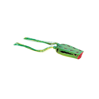 The SPRO Bronzeye Pop 70 is a green/yellow frog-shaped bass lure with a pink mouth and long flowing back strands. Its hollow body features a detailed frog-skin pattern, and it includes a Gamakatsu hook for secure catches.